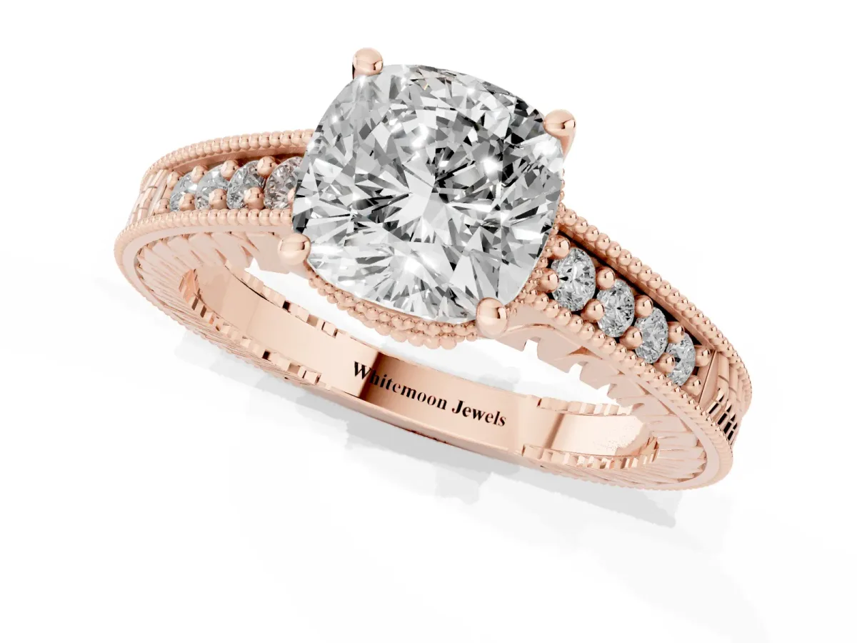 Cushion Cut Solitaire Pavé Diamond Milgrain Engagement Ring with Four-Prong Setting Rose gold