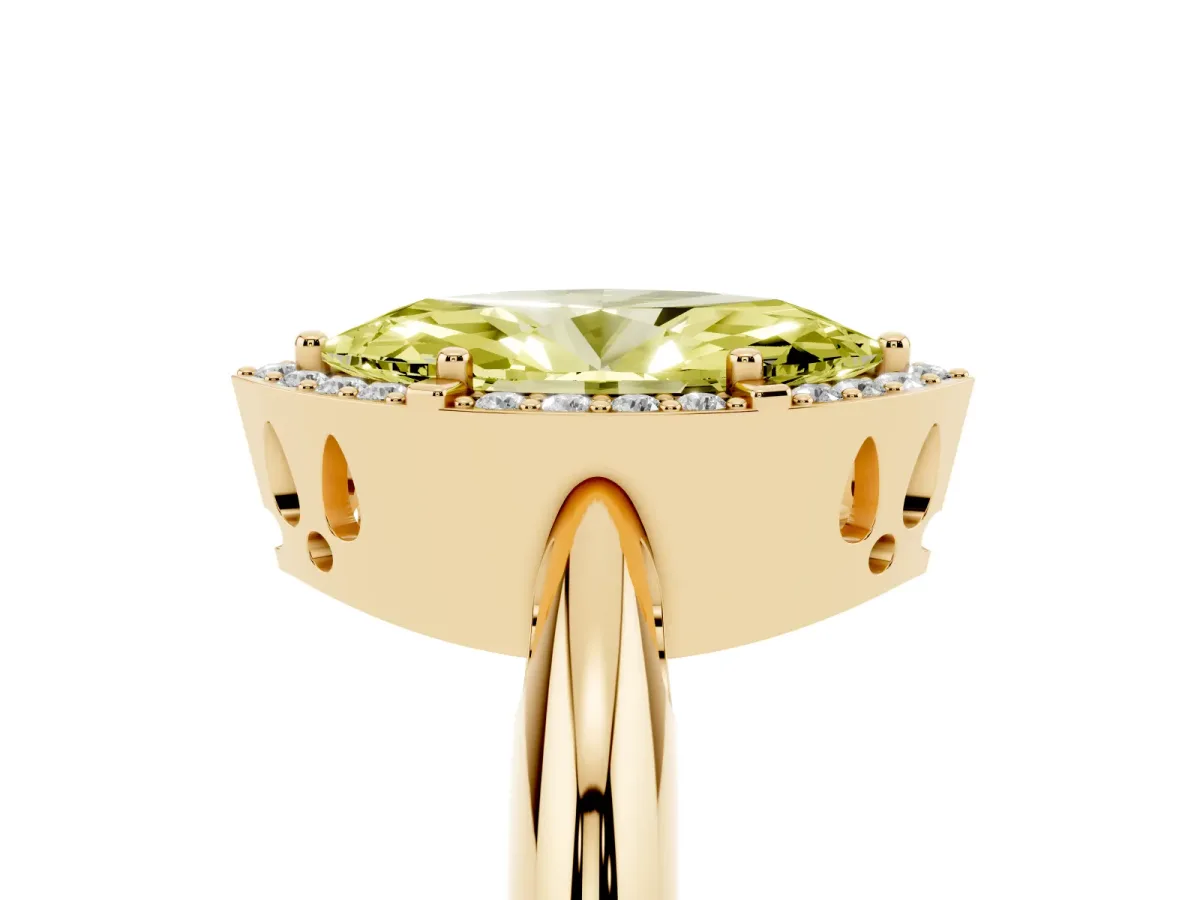 Fancy Yellow Marquise Cut Cut Diamond Halo Engagement Ring with Split Shank and Four-Prong Setting Yellow gold