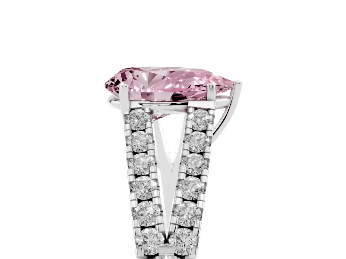 Fancy Pink Pear Cut Diamond Split Shank Engagement Ring with Round Pavé and Prong Setting Platinum