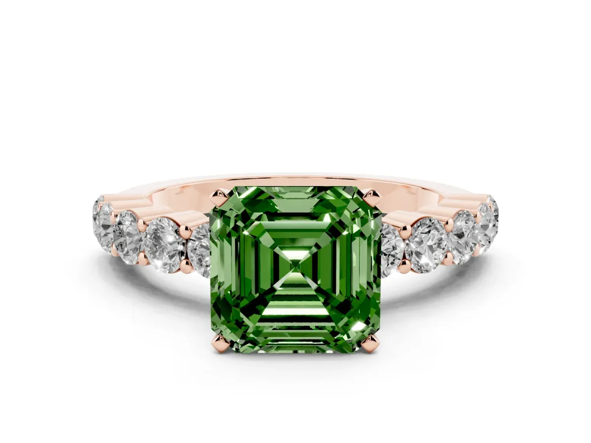 Fancy Green Asscher Cut Diamond Solitaire Ring with Shared Prong Round Side Stones Rose gold