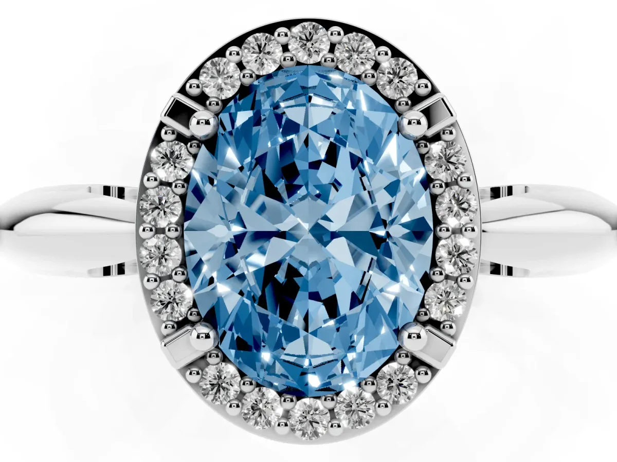 Fancy Blue Oval Cut Cut Diamond Halo Engagement Ring with Split Shank and Four-Prong Setting Silver