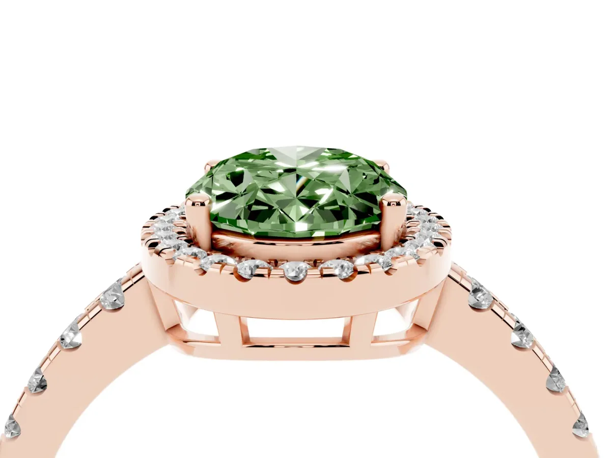 Fancy Green Oval Cut Diamond Halo Ring with Pavé Band and Four-Prong Setting Rose gold