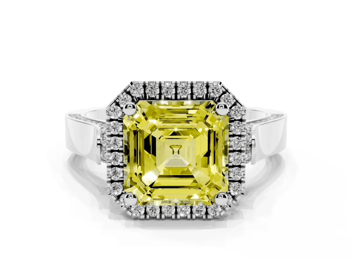 Fancy Yellow Asscher Cut Halo Pave Split Shank Prong Setting Ring Silver