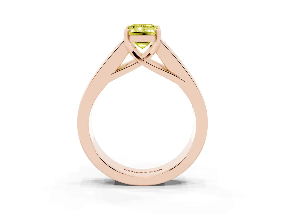 Fancy Yellow Emerald Cut Cut Channel Set Solitaire Ring with Four-Prong Setting Rose gold
