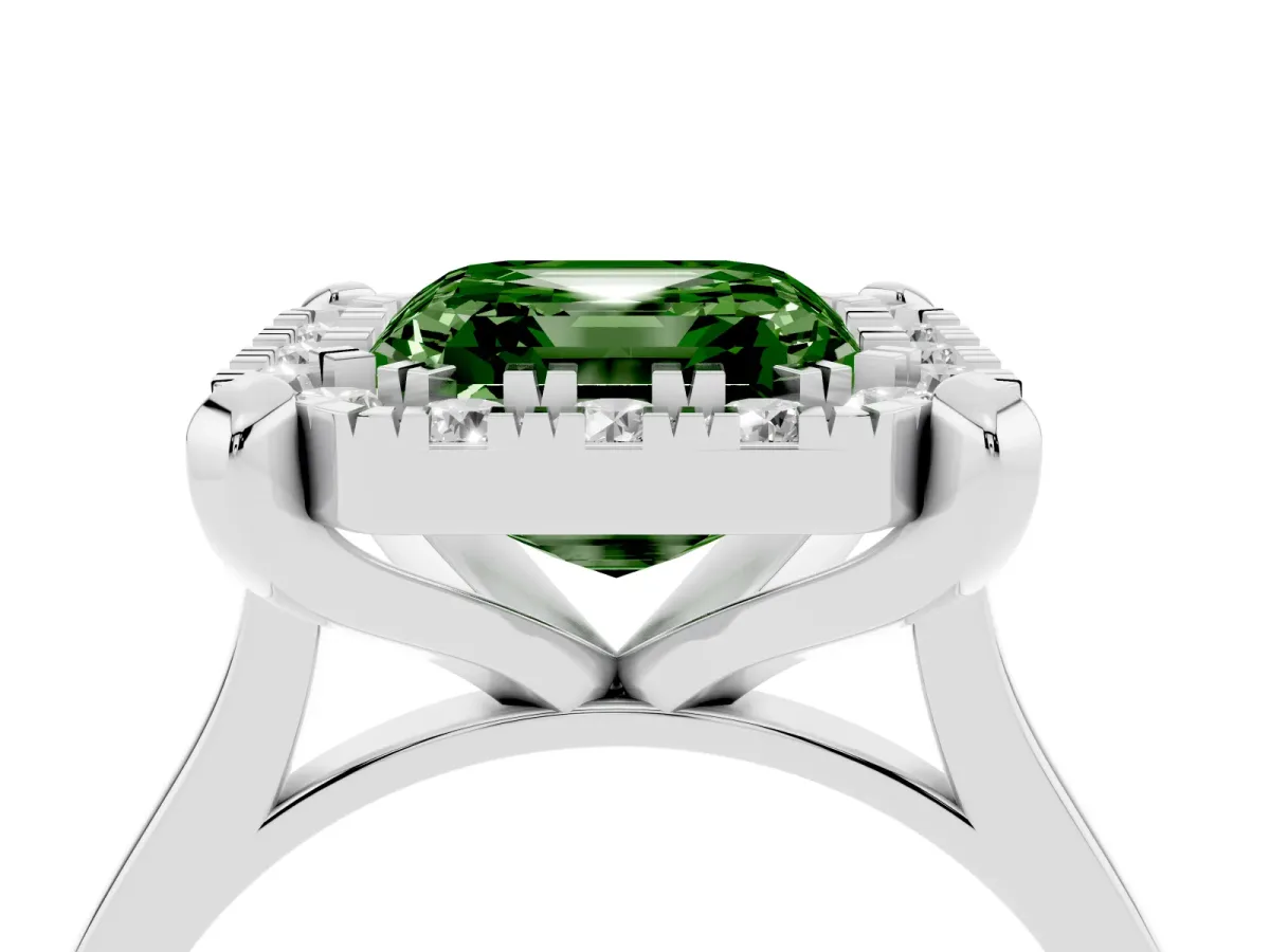 Fancy Green Asscher Cut Diamond Cluster Halo Solitaire with Four-Prong Setting Silver