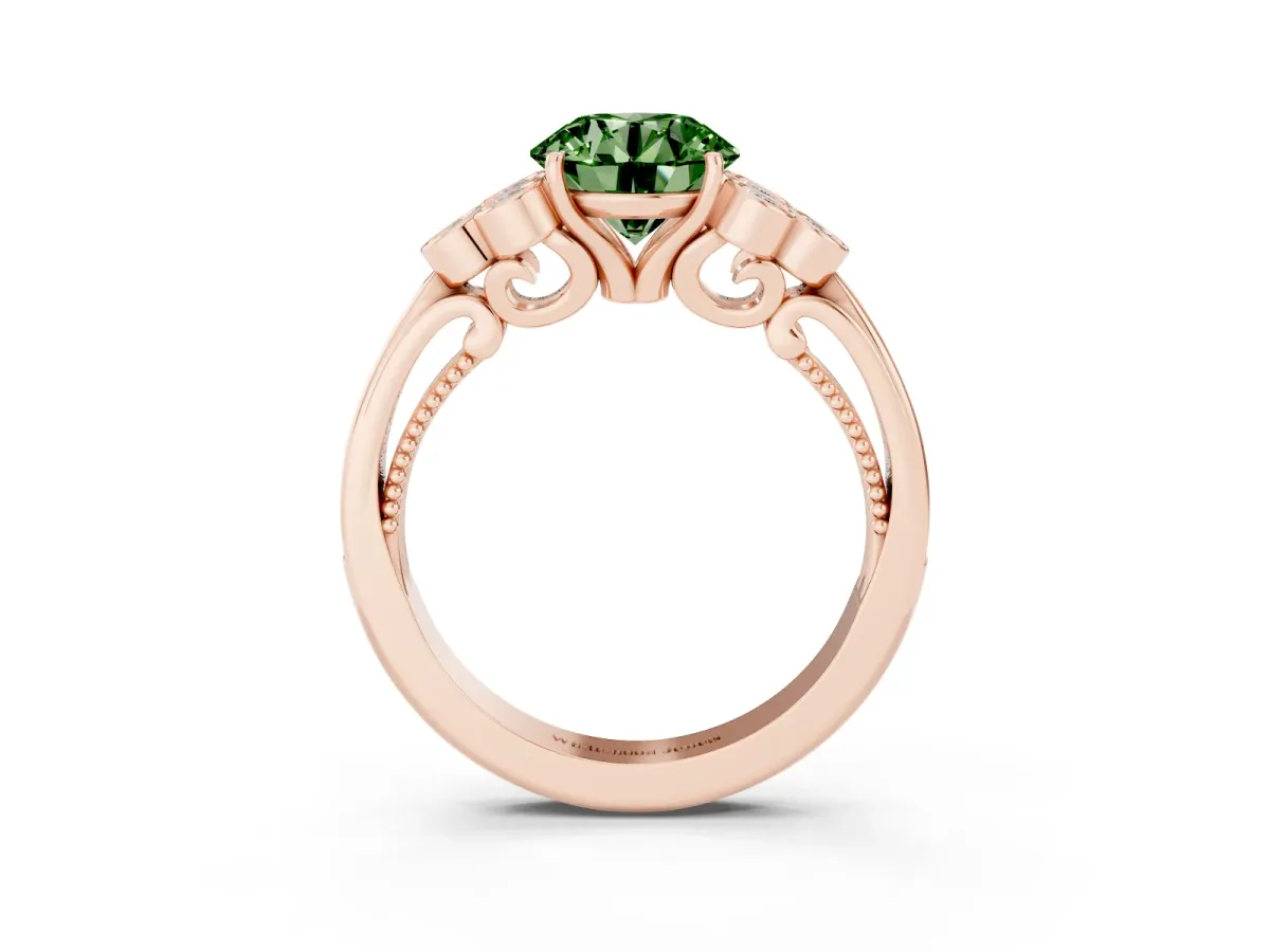 Fancy Green Round Cut Cut Diamond Engagement Ring with Bezel Set Round Side Stones and Prong Setting Rose gold