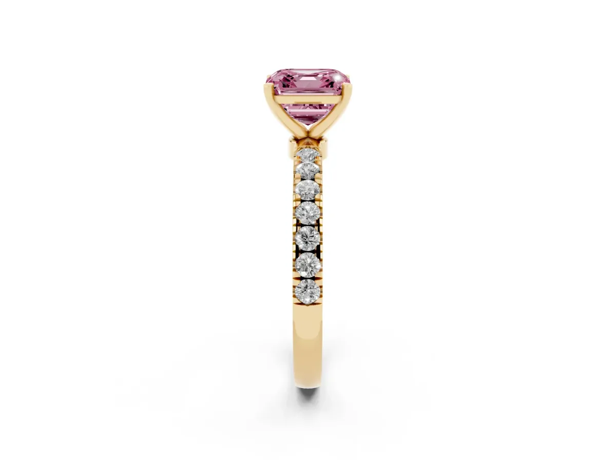 Fancy Pink Asscher Cut Diamond Solitaire Ring with Pavé Accents and Four-Prong Setting Yellow gold
