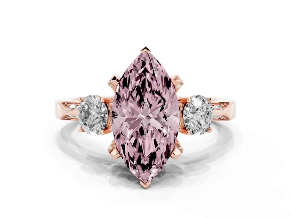 Fancy Pink Marquise Cut Brilliant Three-Stone Diamond Ring with Pavé Band and Four-Prong Setting Rose gold
