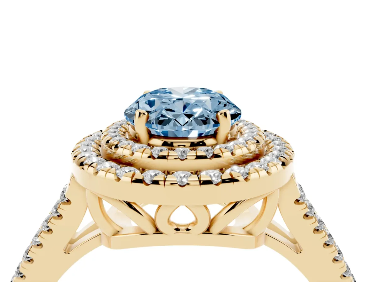 Fancy Blue Oval Cut Diamond Double Halo Ring with Pavé Band and Prong Setting Yellow gold