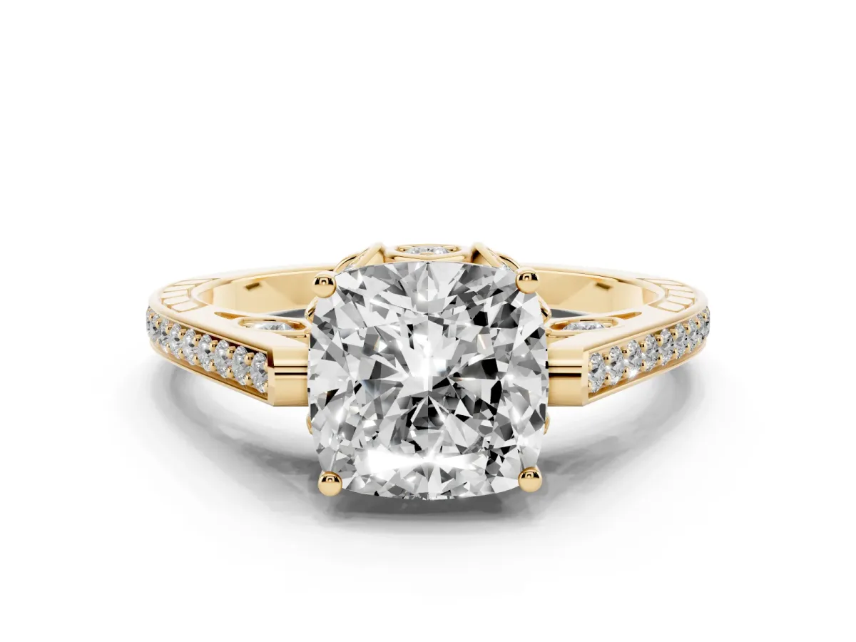 Cushion Cut Cut Cathedral Pave Diamond Engagement Ring with Six-Prong Setting Yellow gold