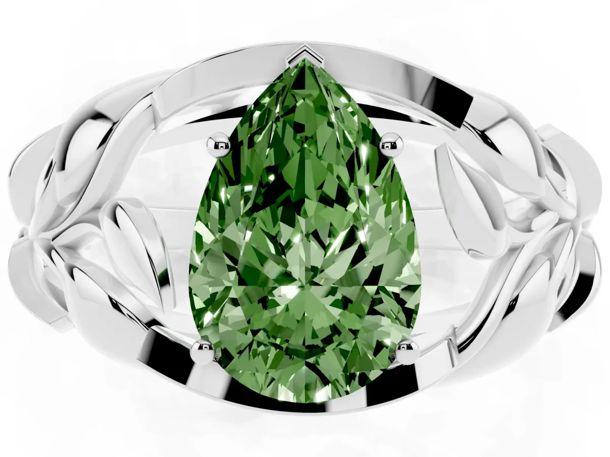 Fancy Green Pear Cut Diamond Leaf-Inspired Engagement Ring with Round Accents and Prong Setting Silver