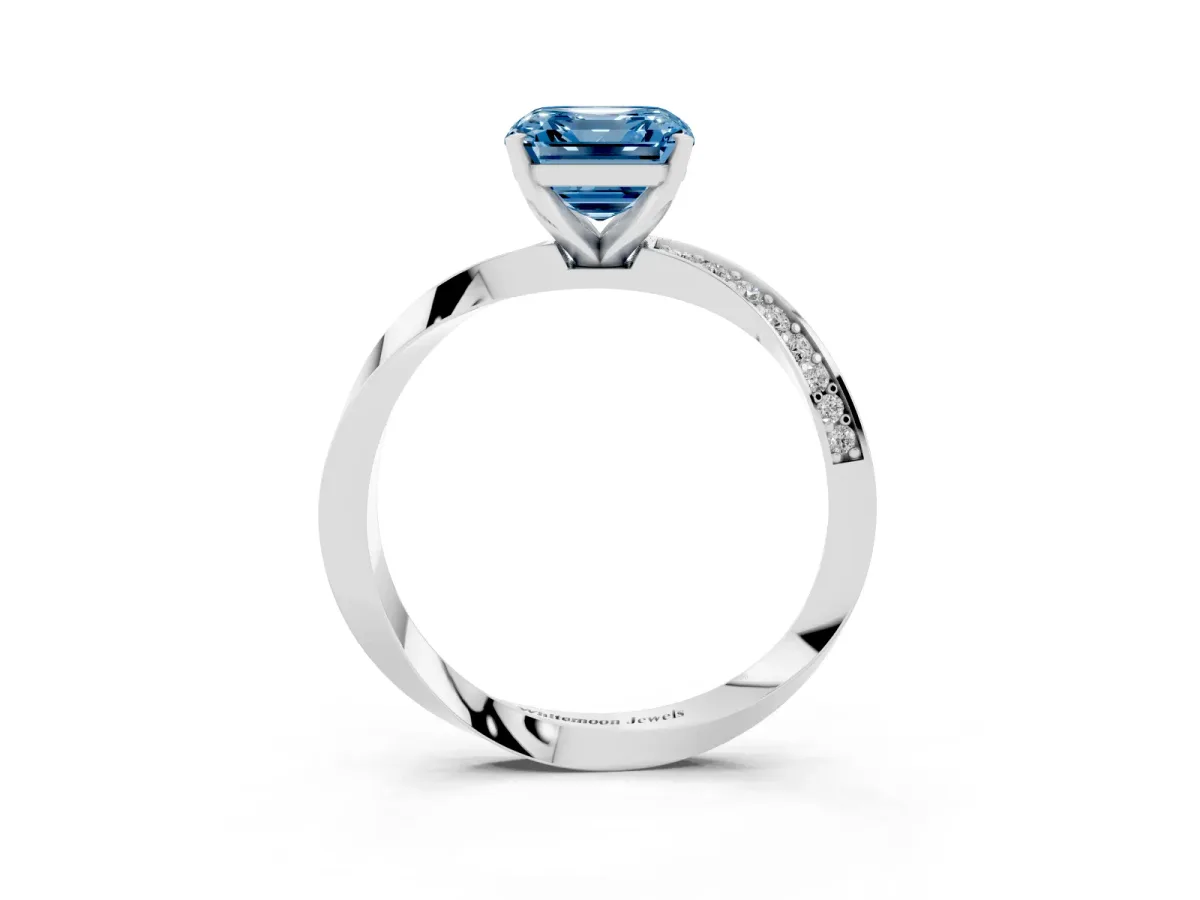 Fancy Blue Asscher Cut Diamond Engagement Ring with Side Stone Accents and Four-Prong Setting Silver