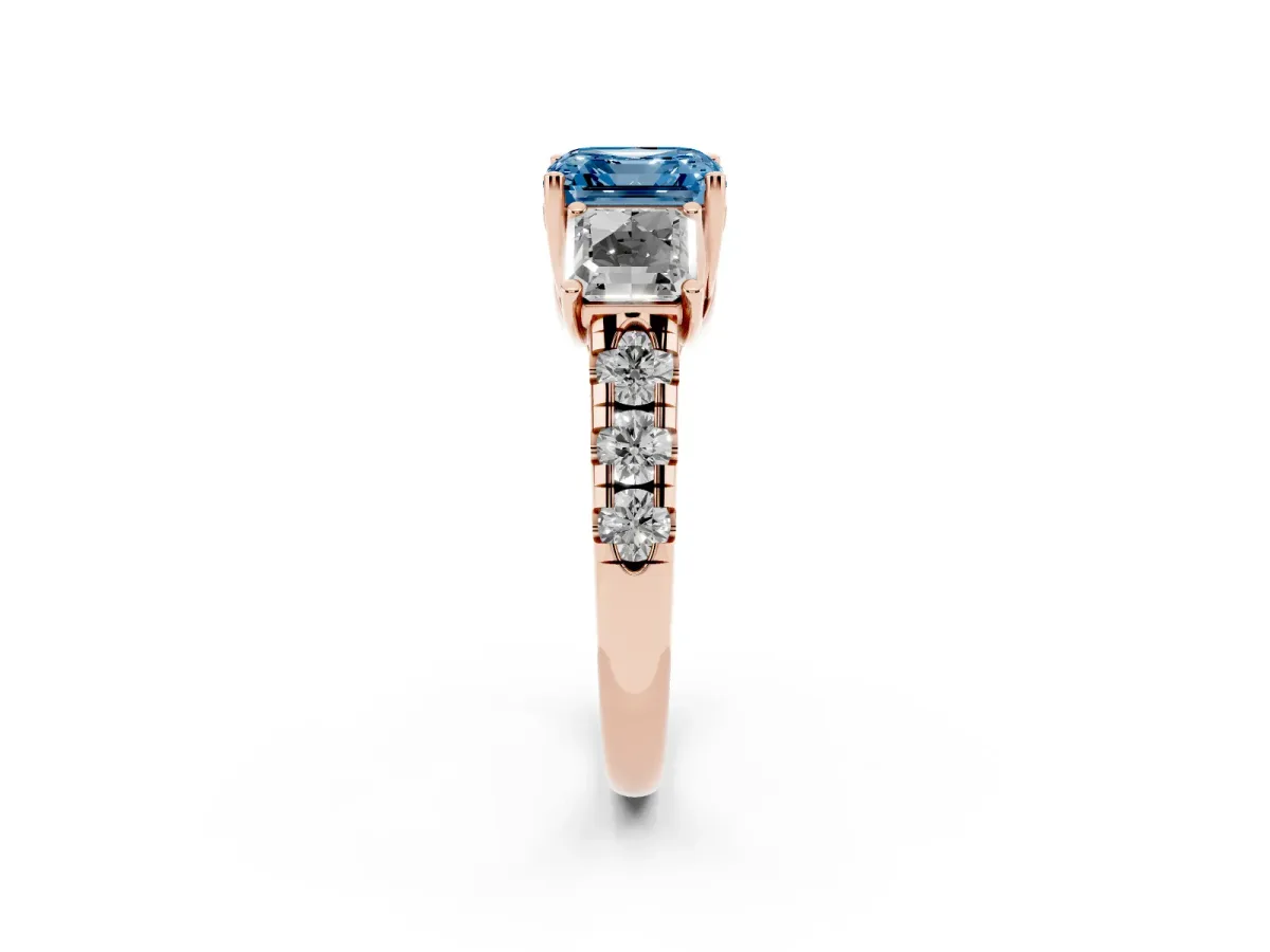 Fancy Blue Three-Stone Asscher Cut Diamond Pavé Band with Prong Setting Rose gold