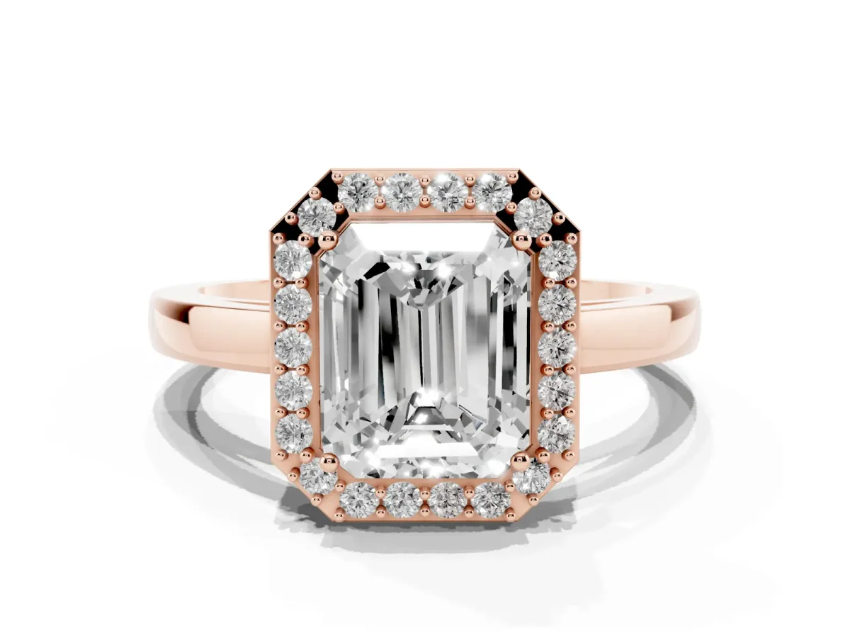 Radiant Cut Halo Diamond Ring with Solitaire Band and Prong Setting Rose gold