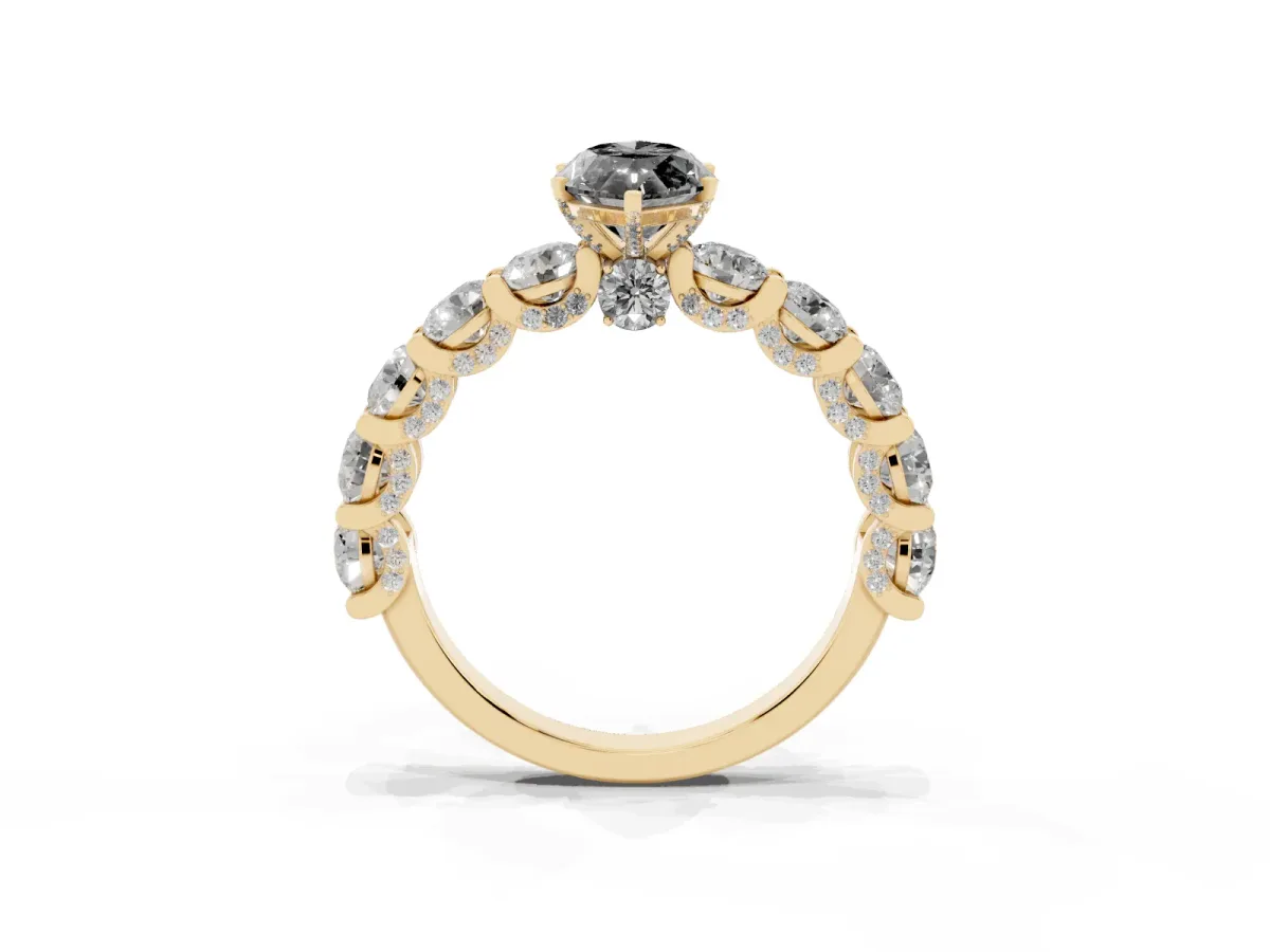 Fancy Black Marquise Cut Diamond Side Stone Engagement Ring with Four-Prong Setting Yellow gold