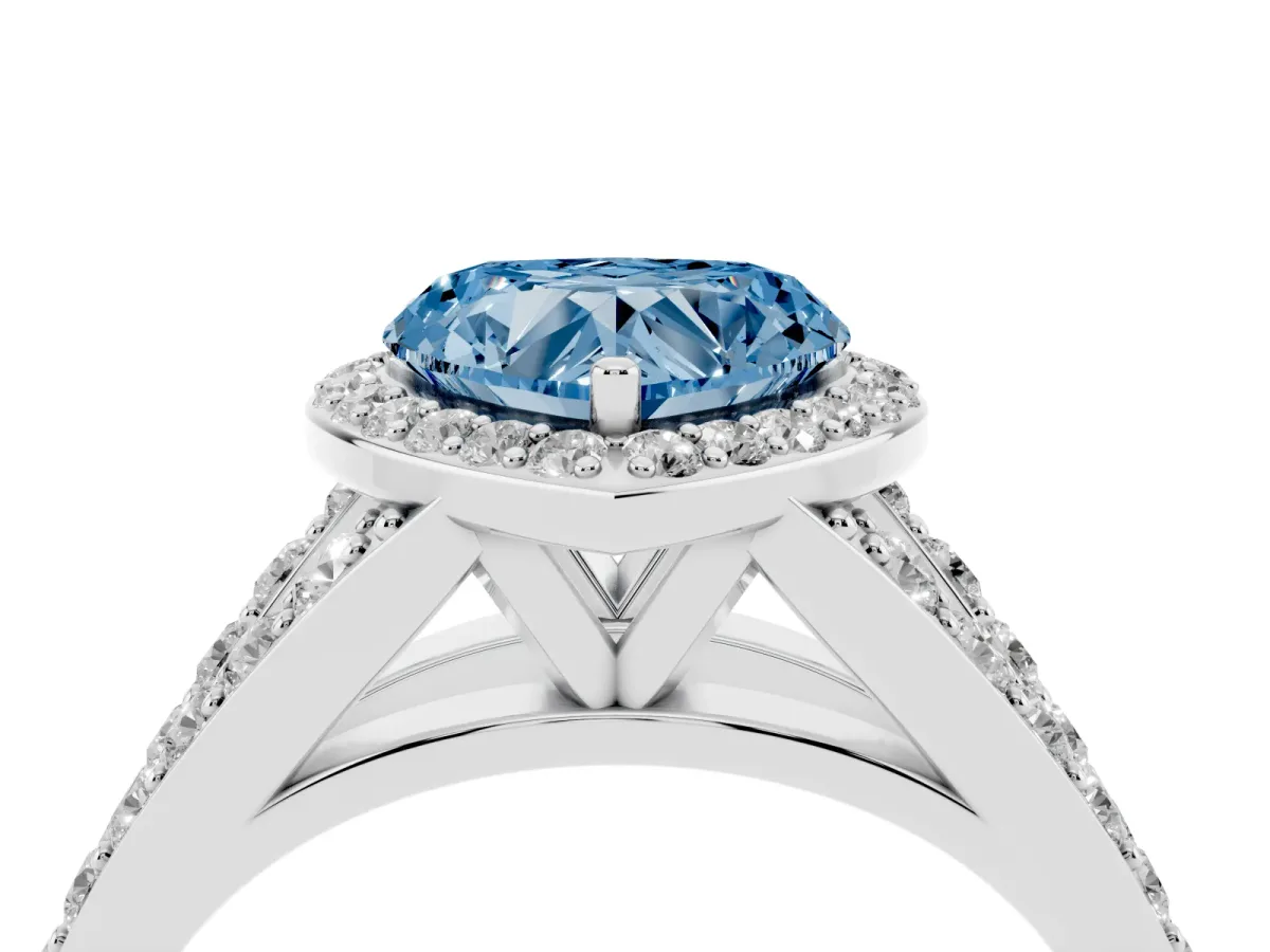 Fancy Blue Heart Cut Diamond Split Shank Halo Ring with Four-Prong Setting White gold