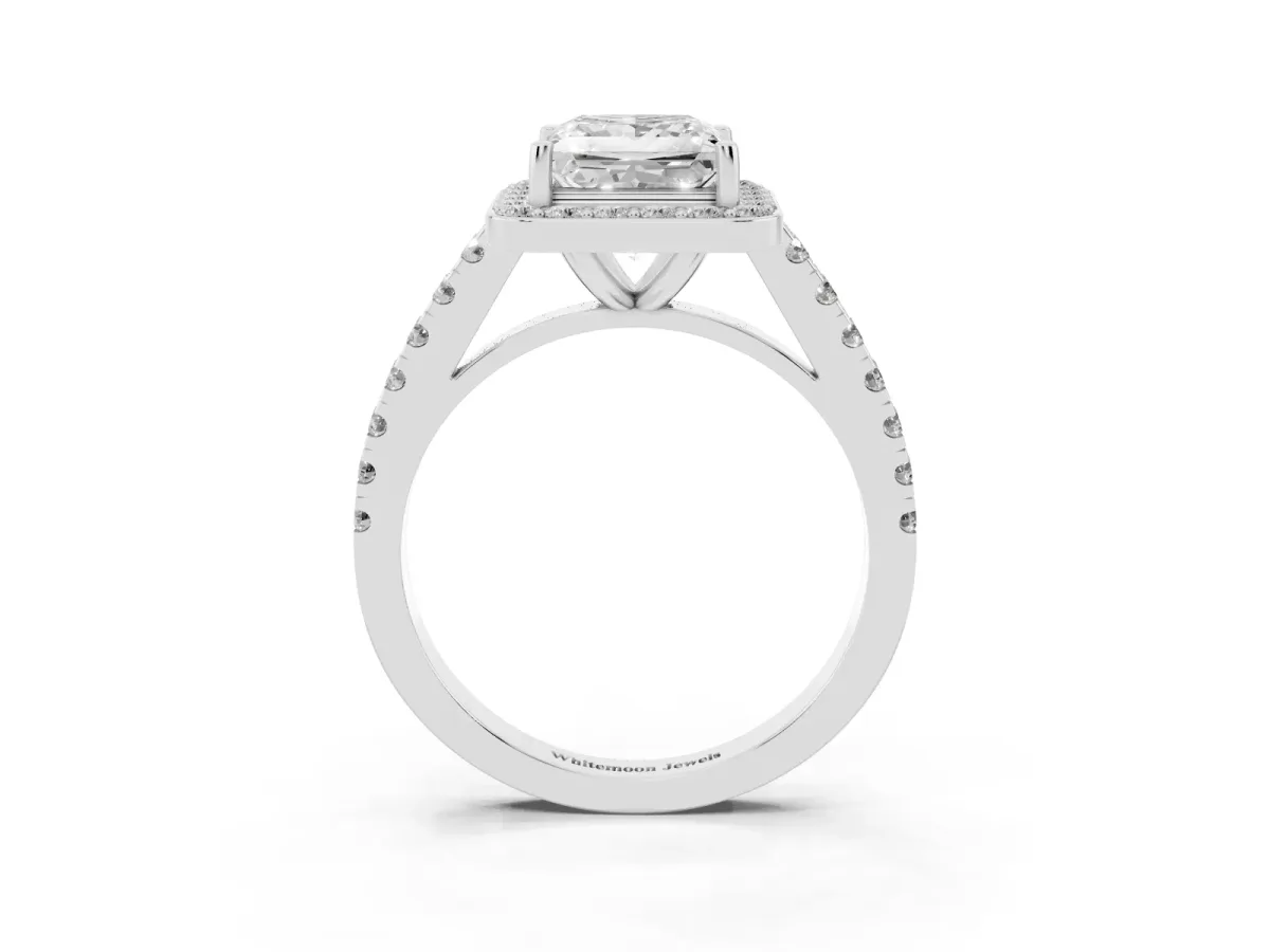 Princess Cut Diamond Halo Ring with Round Pavé Split Shank and Prong Setting Silver