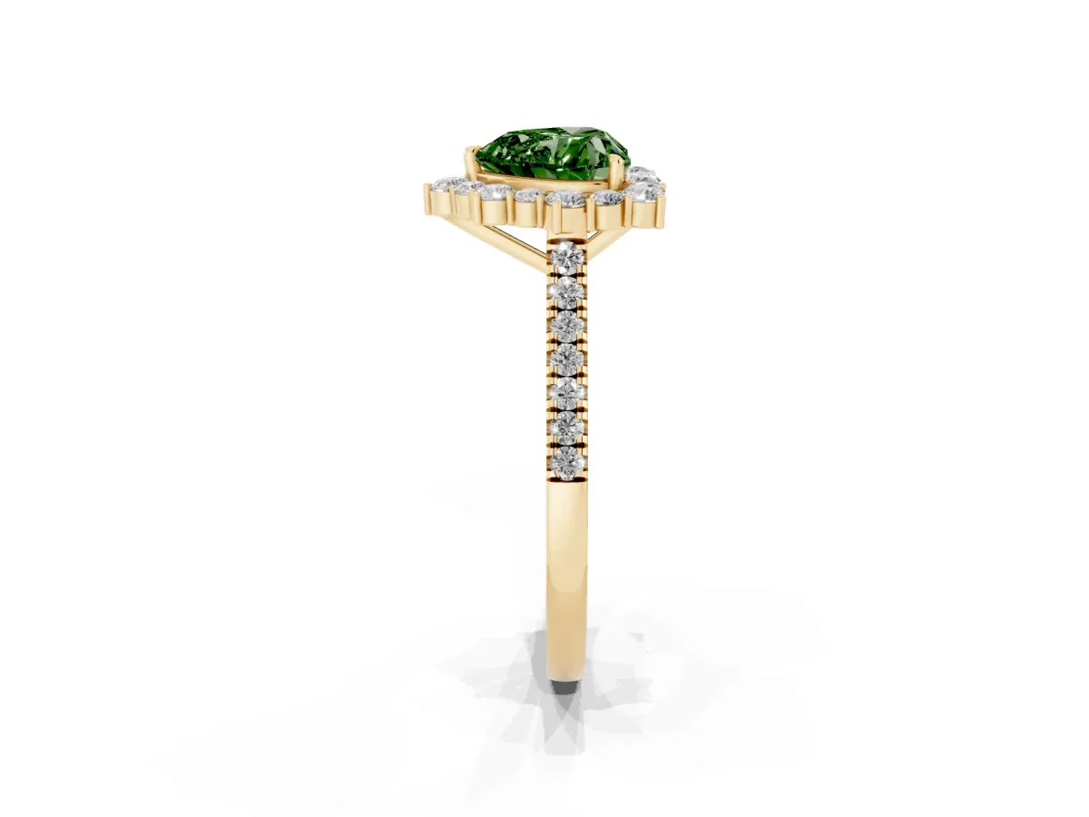 Fancy Green Heart Cut Halo Diamond Ring with Pavé Band and Prong Setting Yellow gold