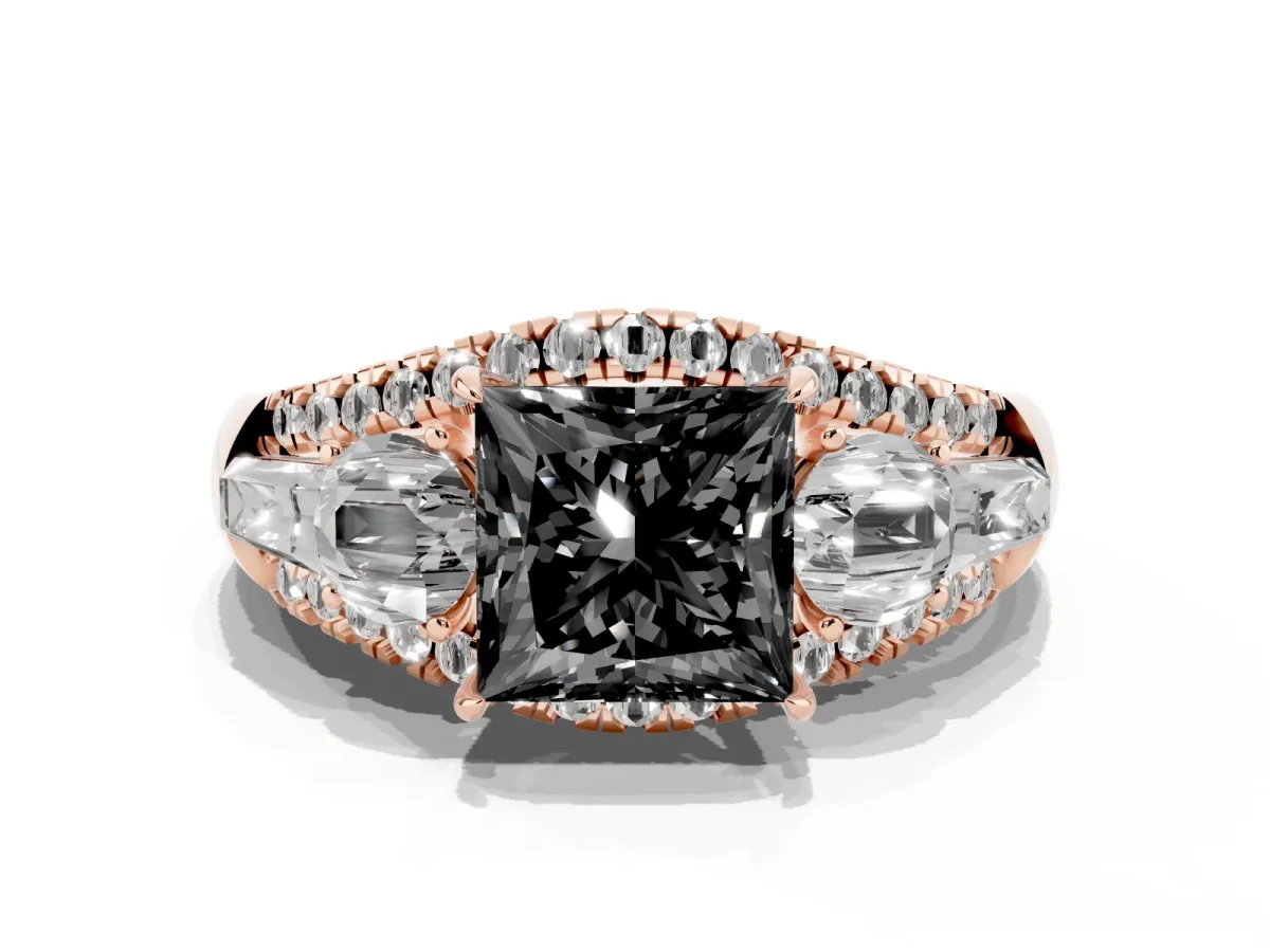 Fancy Black Three-Stone Princess Cut Diamond Engagement Ring with Pave Band and Prong Setting Rose gold