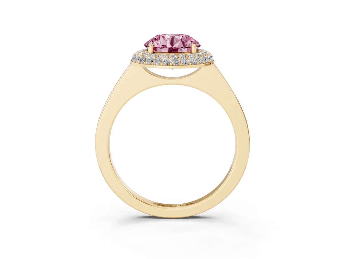 Fancy Pink Round Cut Halo Diamond Engagement Ring with Solitaire Band and Four-Prong Setting Yellow gold