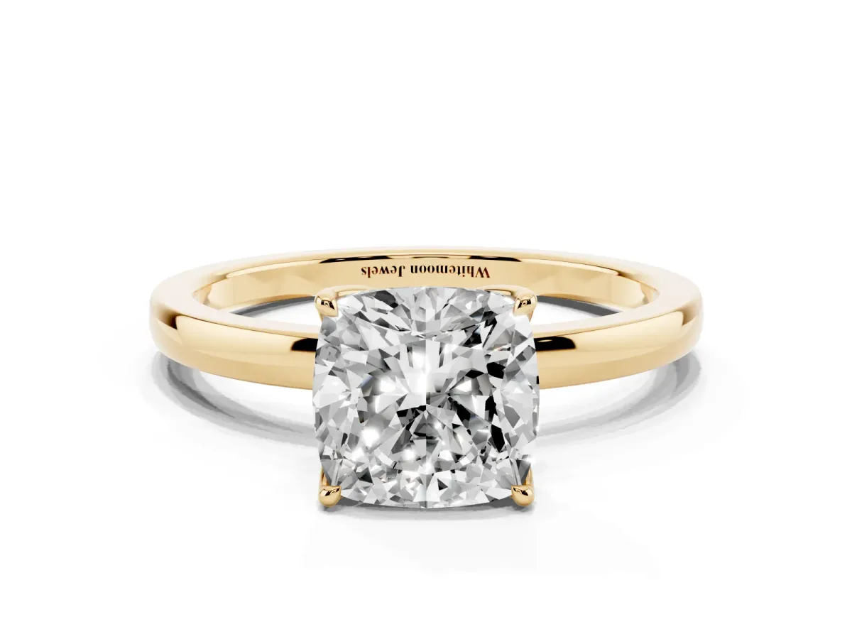 Cushion Cut Diamond Solitaire Ring with Thin Band and Prong Setting Yellow gold