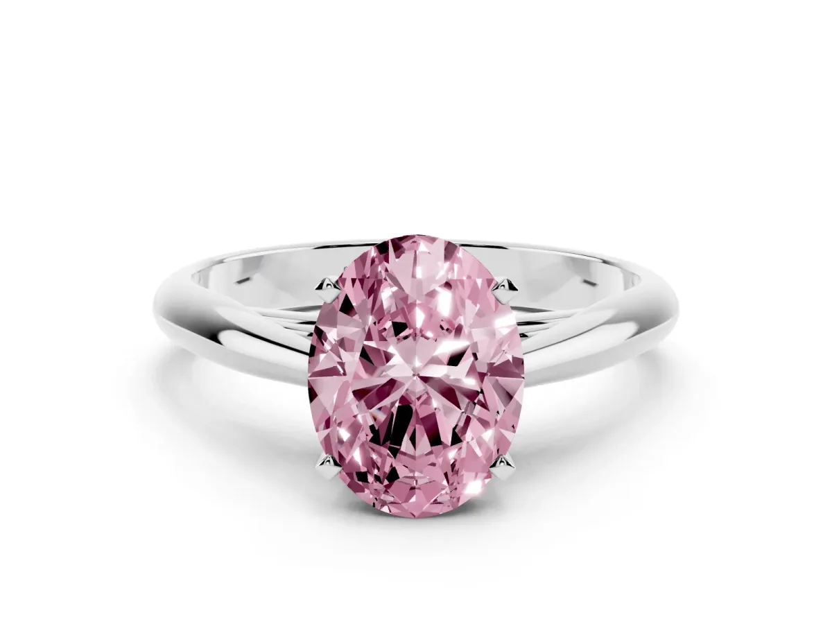 Fancy Pink Oval Cut Diamond Solitaire Engagement Ring with Cathedral Setting and Four-Prong Mount Silver
