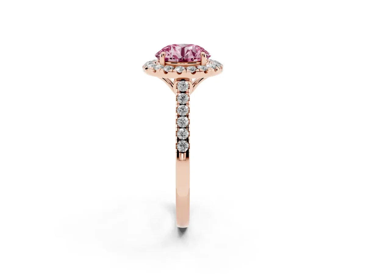 Fancy Pink Round Cut Halo Pavé Diamond Engagement Ring with Four-Prong Setting Rose gold