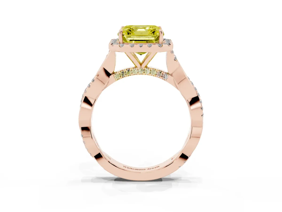 Fancy Yellow Asscher Cut Halo Twist Band Solitaire Ring Rose gold