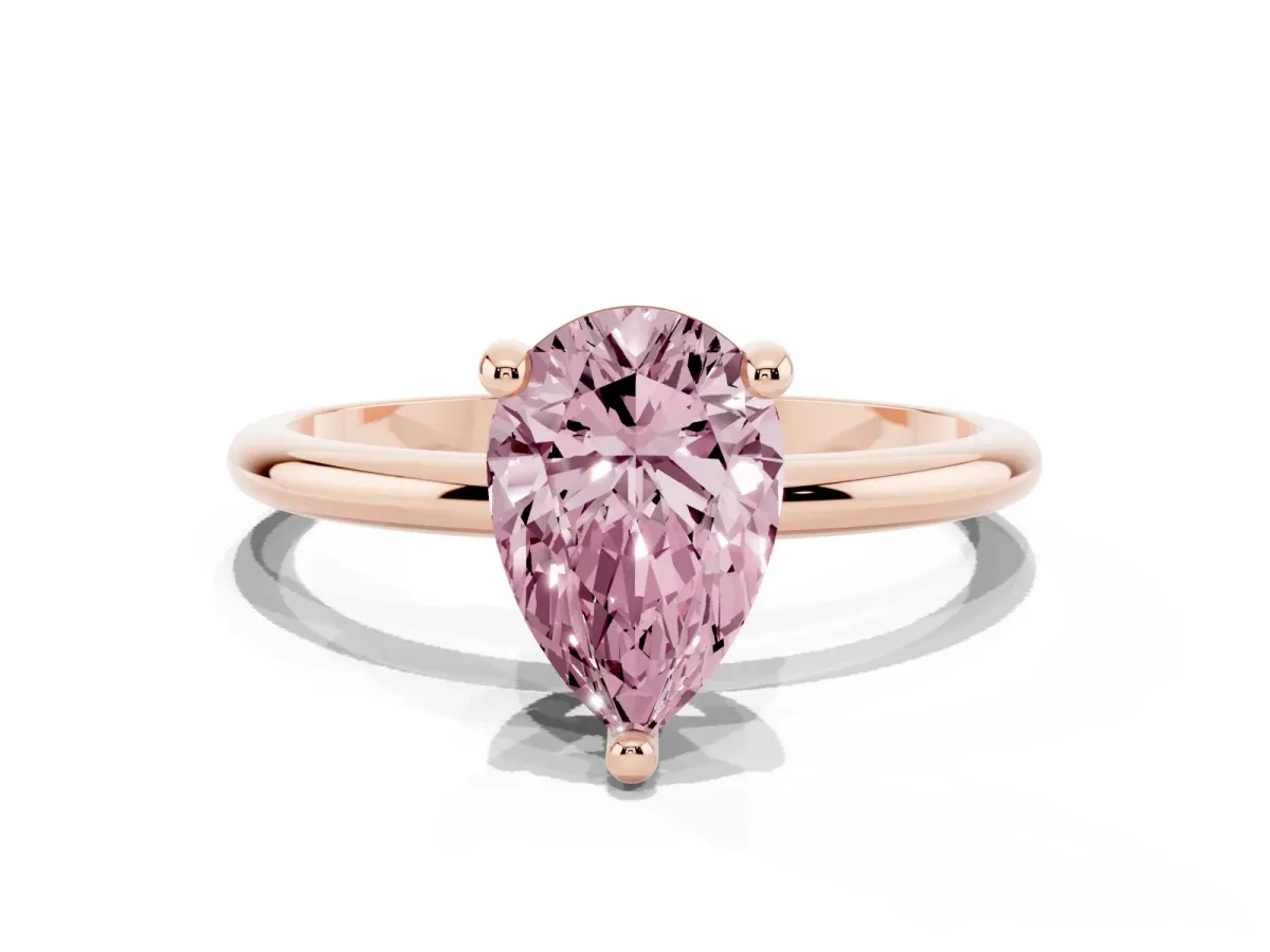 Fancy Pink Pear Cut Solitaire Diamond Ring with 4-Prong Setting on a Classic Band Rose gold