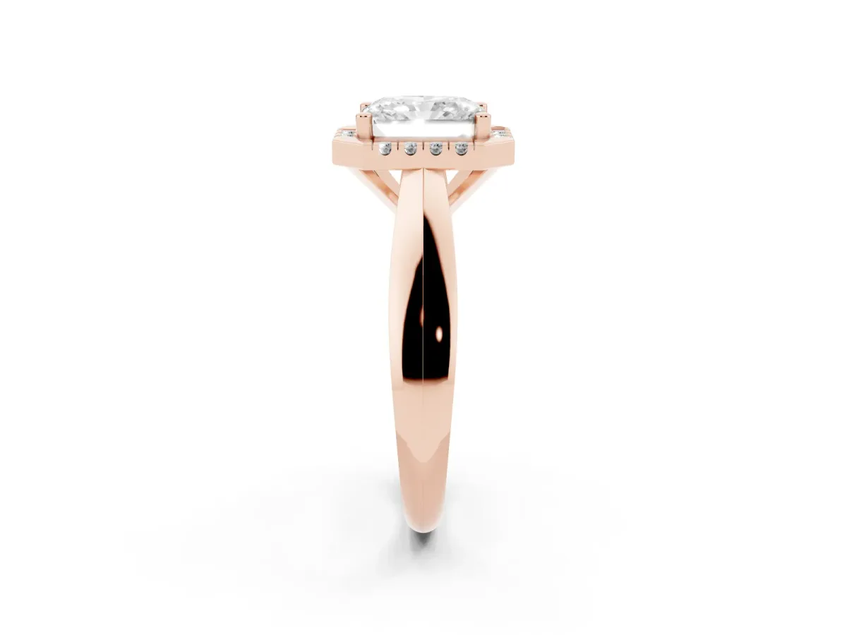 Radiant Cut Cut Halo Solitaire Engagement Ring with Square Band and Four-Prong Setting Rose gold