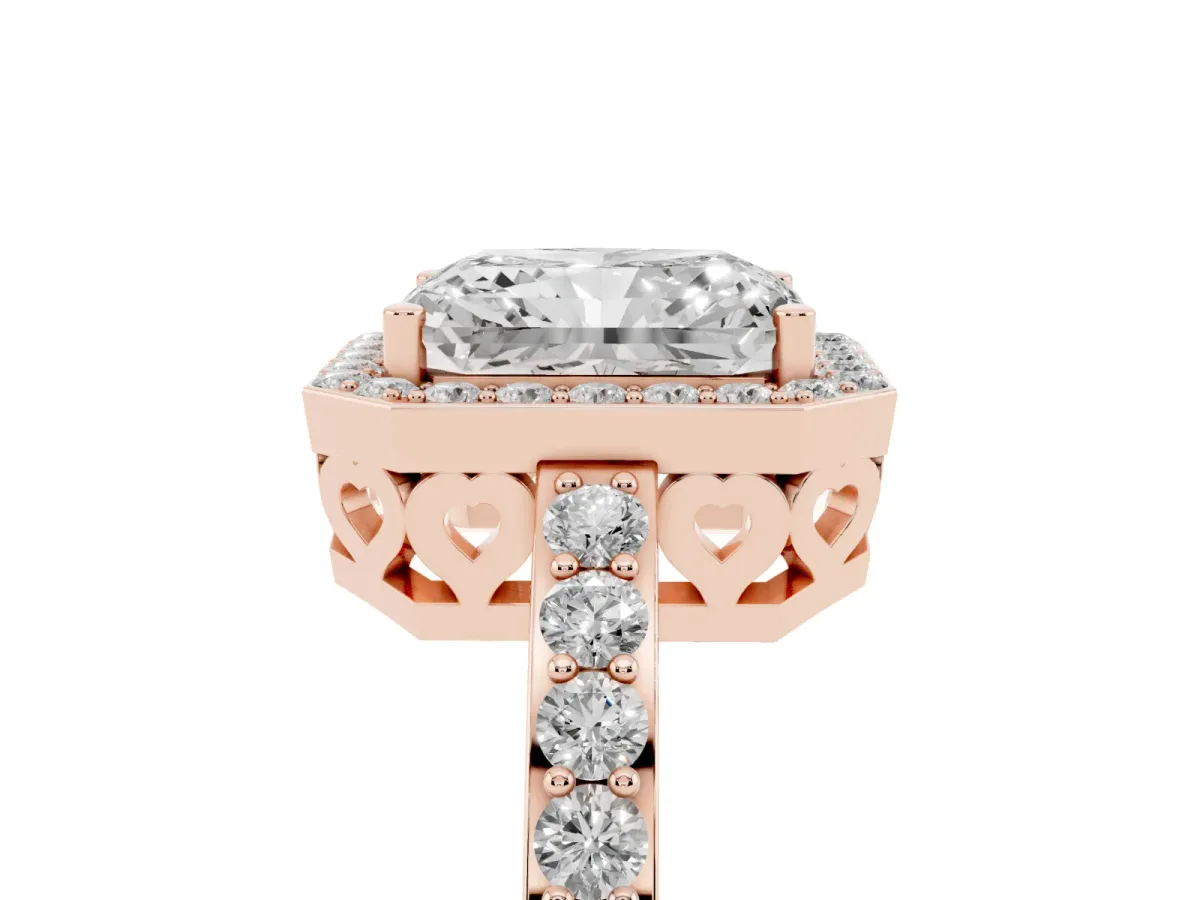 Radiant Cut Halo Diamond Pavé Band Ring with Prong Setting Rose gold