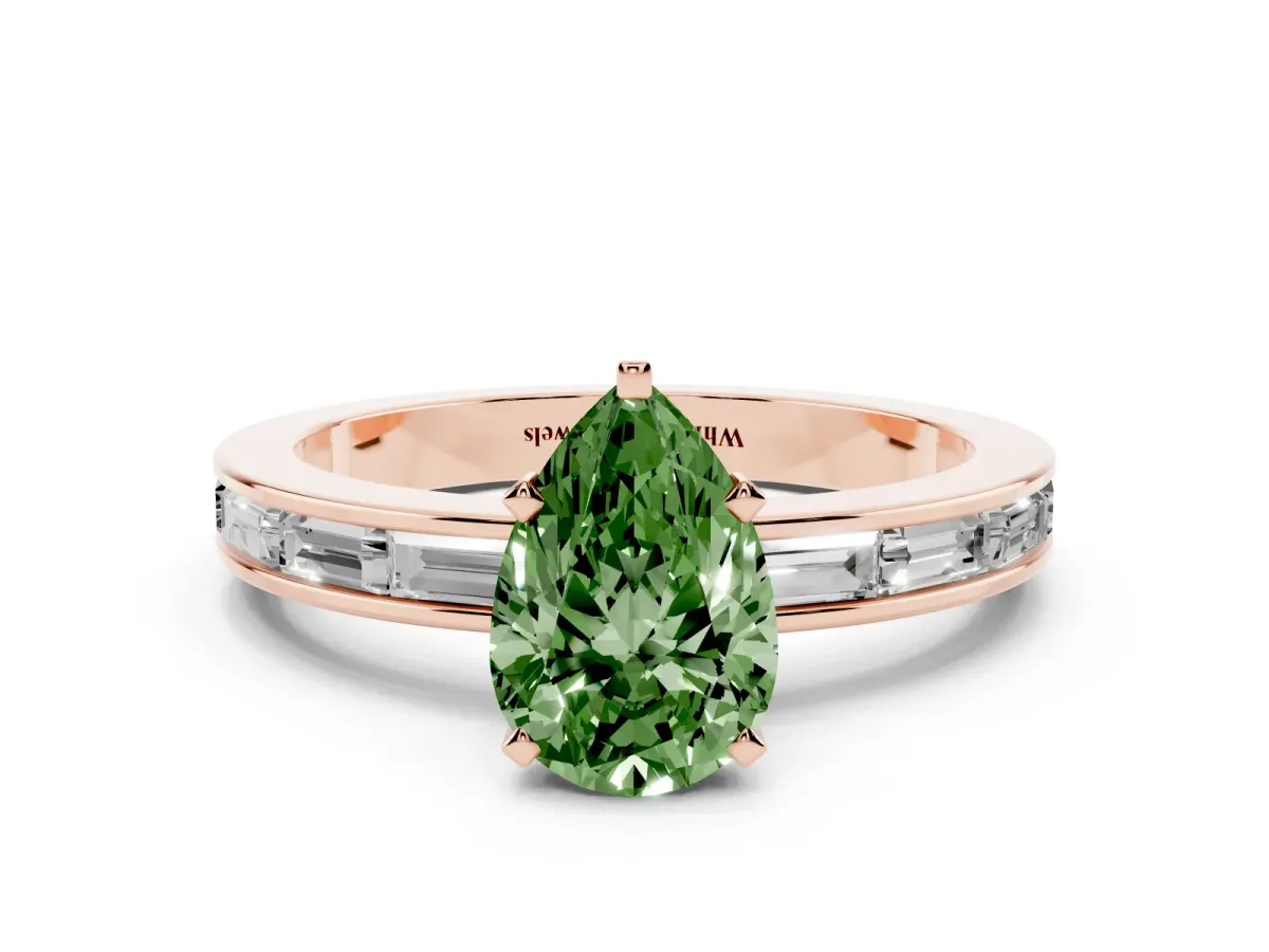 Fancy Green Pear Cut Solitaire Diamond Ring with Channel-Set Baguette Band and Four-Prong Setting Rose gold