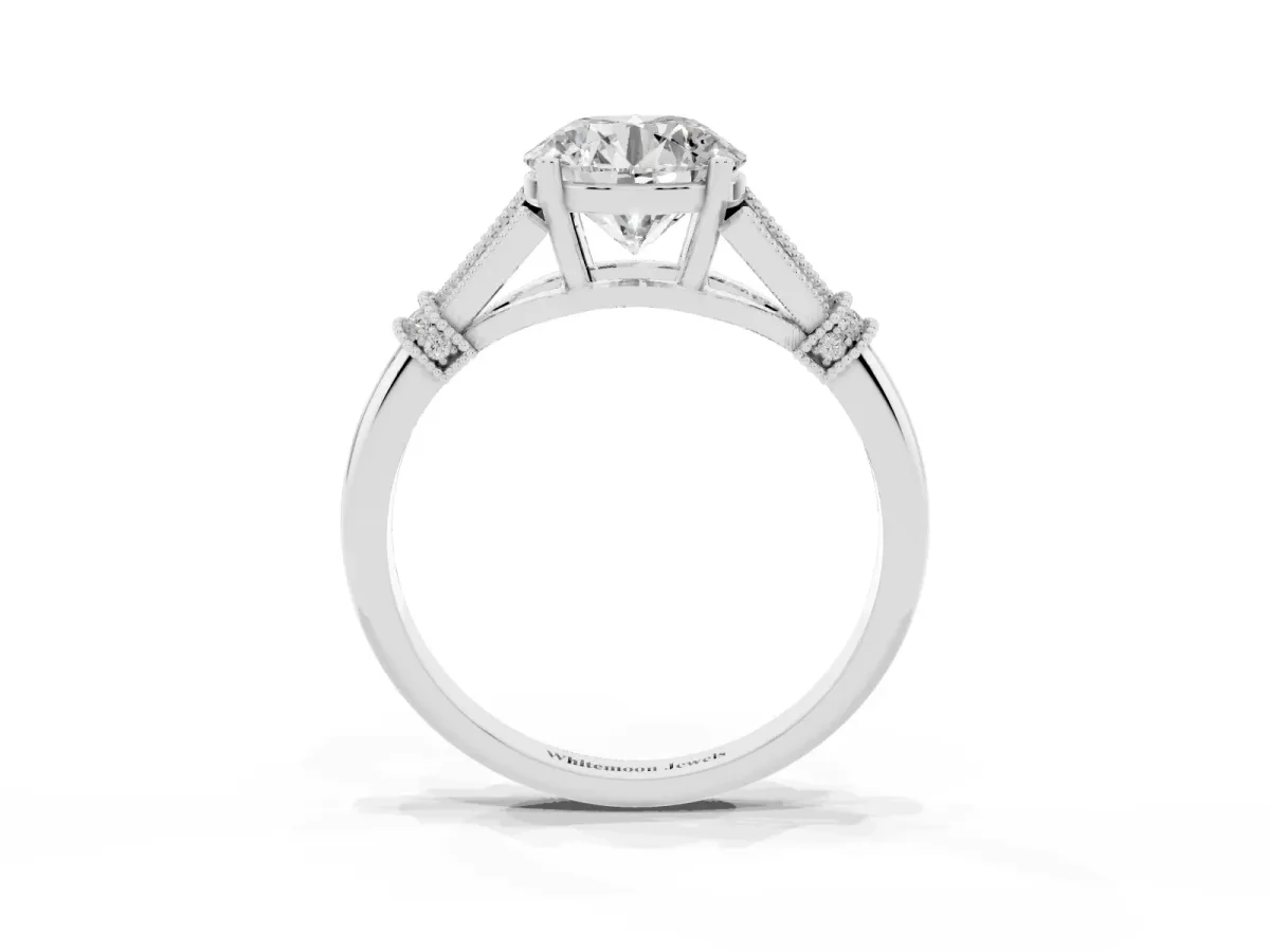 Round Cut Diamond Solitaire Ring with Floral Filigree and Pave Accents White gold