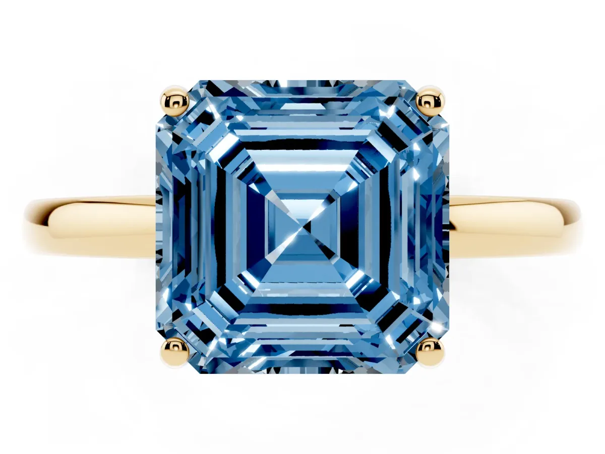 Fancy Blue Asscher Cut Solitaire Diamond Ring with Prong Setting and Plain Band Yellow gold