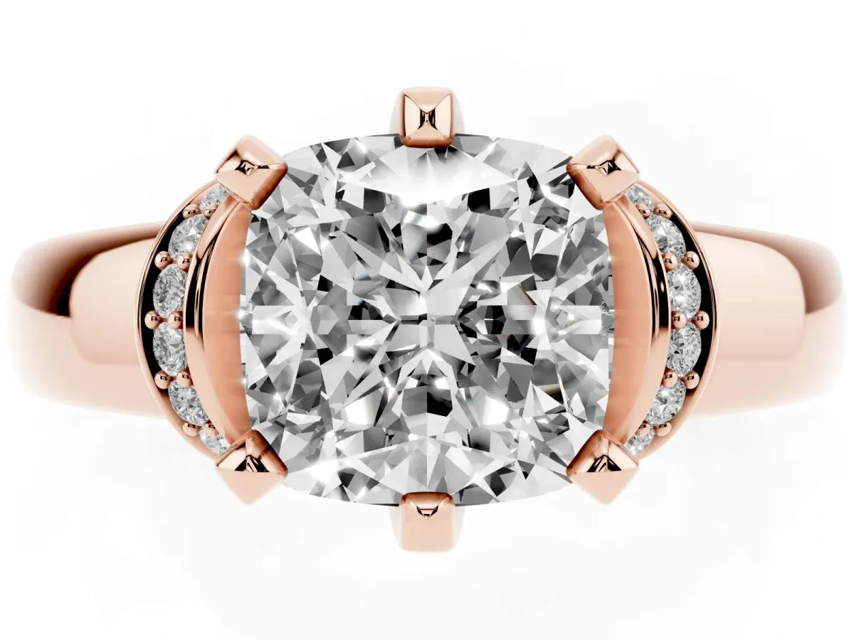 Cushion Cut Solitaire Diamond Ring with Pave Band and Six-Prong Setting Rose gold