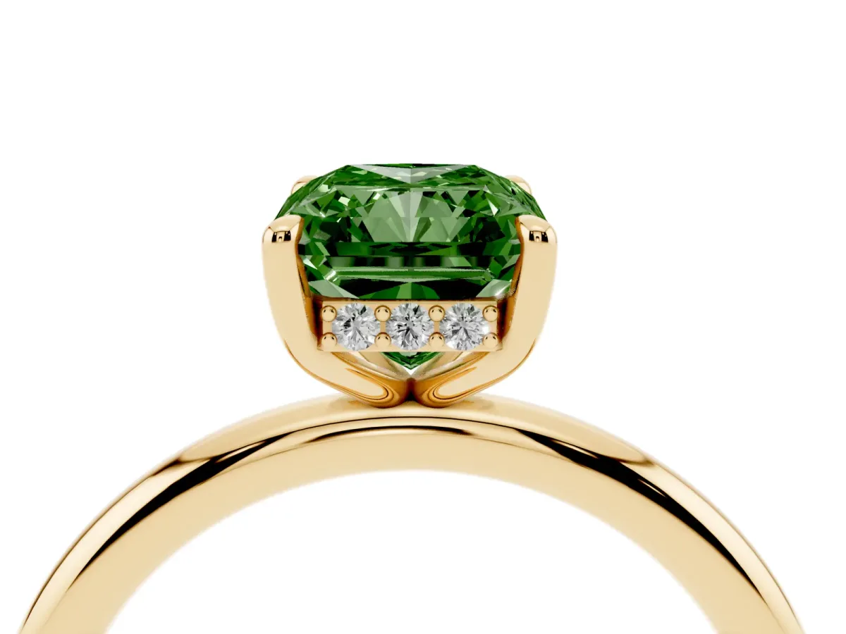 Fancy Green Radiant Cut Diamond Solitaire Ring with Thin Band and Four-Prong Setting Yellow gold