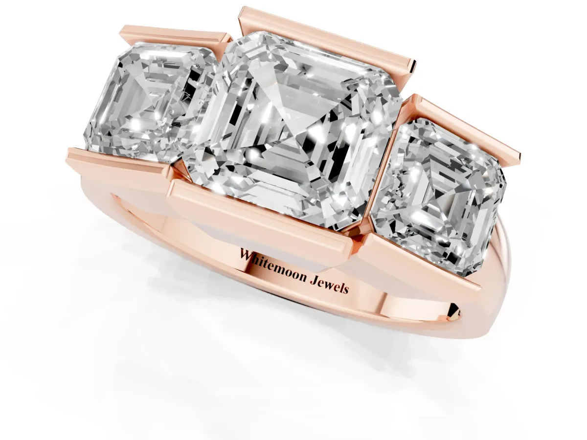 Three Stone Asscher Cut Cut Channel Set Diamond Ring Rose gold
