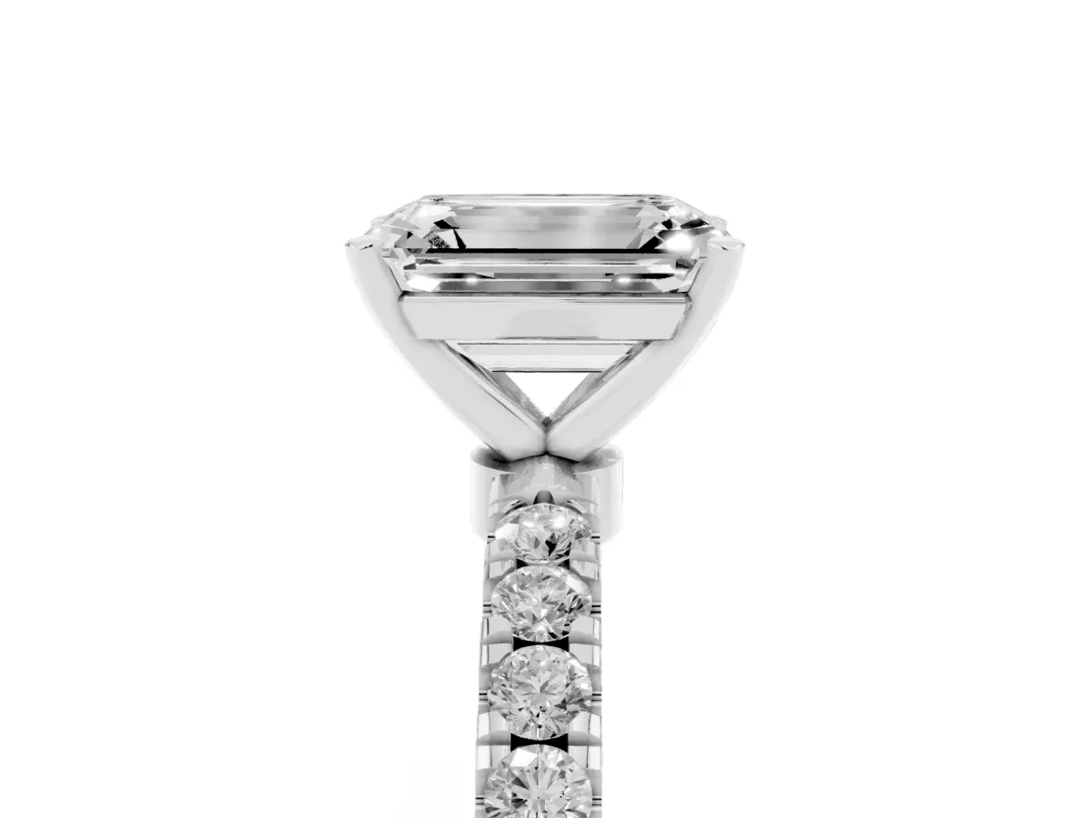 Emerald Cut Diamond Solitaire Ring with Pavé Accents and Four-Prong Setting Silver