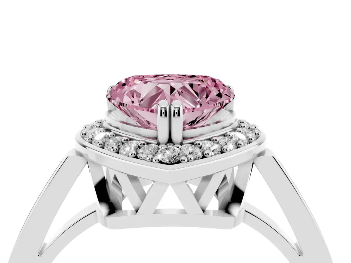 Fancy Pink Heart Cut Diamond Halo Ring with Split Shank and Four-Prong Setting Platinum