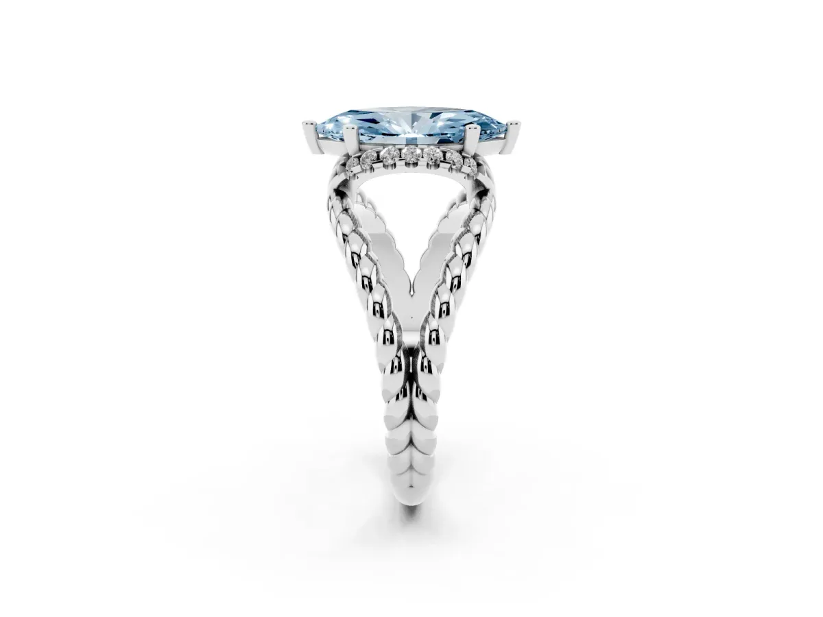 Fancy Blue Marquise Cut Halo Twisted Band Four-Prong Ring Platinum