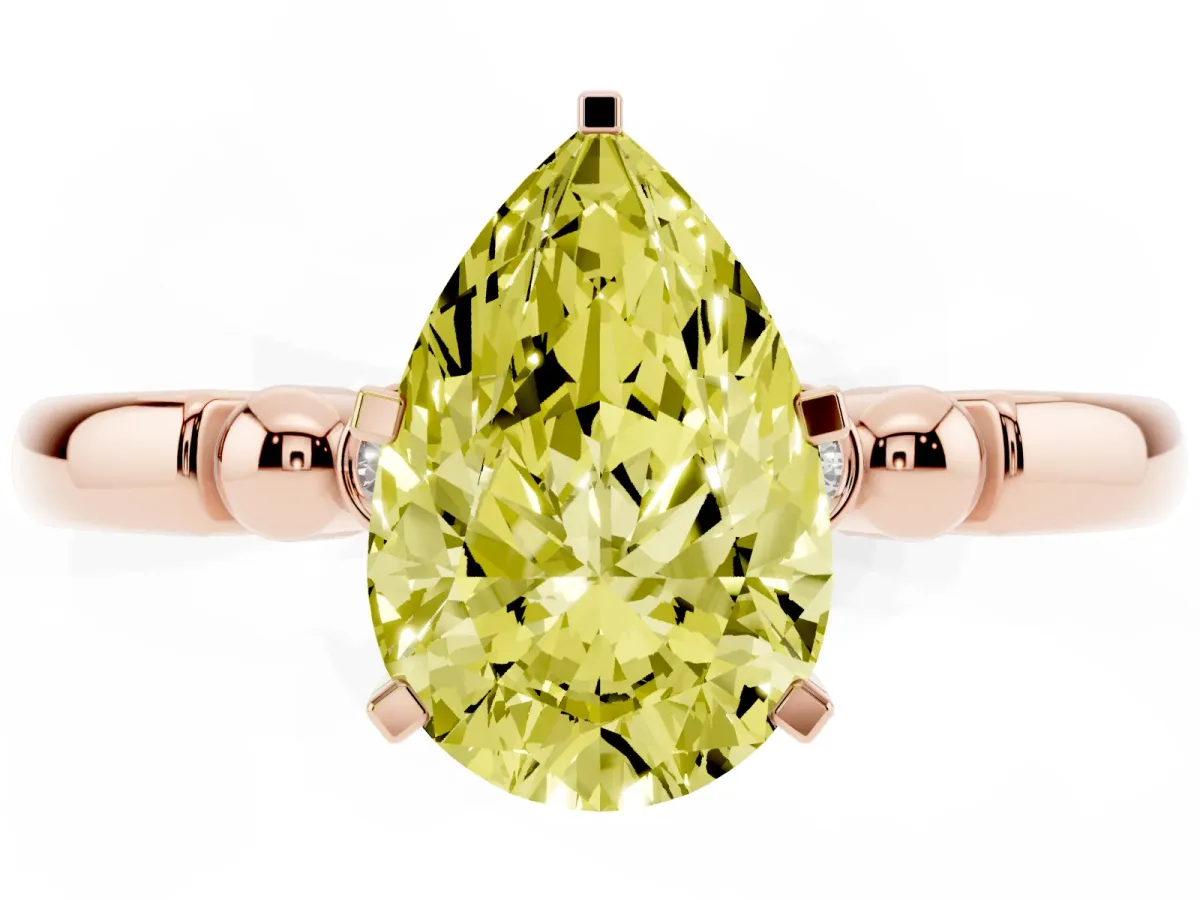 Fancy Yellow Pear Cut Solitaire Beaded Band with Four-Prong Setting Rose gold