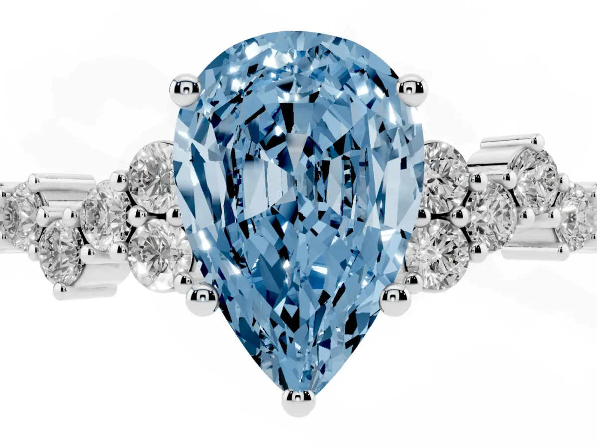 Fancy Blue Pear Cut Diamond Scattered Round Accent Ring with Prong Setting Silver