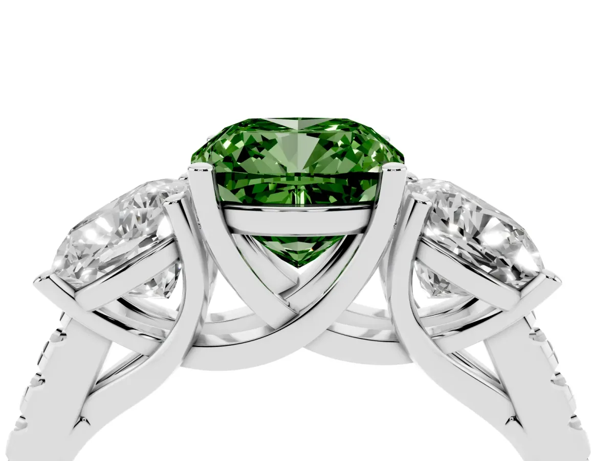 Fancy Green Three-Stone Cushion Cut Diamond Ring with Round Pavé Band and Prong Setting Silver