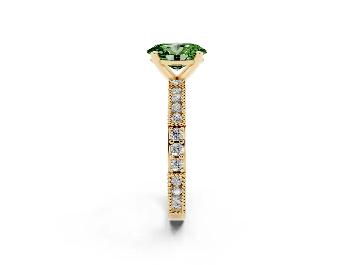 Fancy Green Oval Cut Solitaire with Pavé Band and Four-Prong Setting Yellow gold
