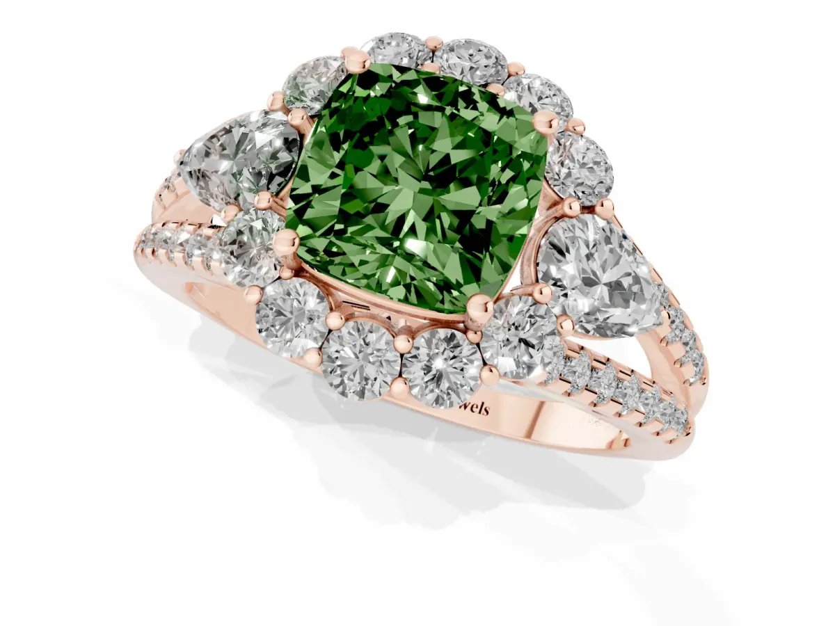 Fancy Green Cushion Cut Halo Split Shank Diamond Engagement Ring with Prong Setting Rose gold