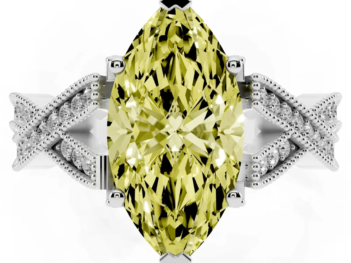 Fancy Yellow Marquise Cut Cut Diamond Twisted Band with Milgrain Pave Setting and Four-Prong Setting Silver