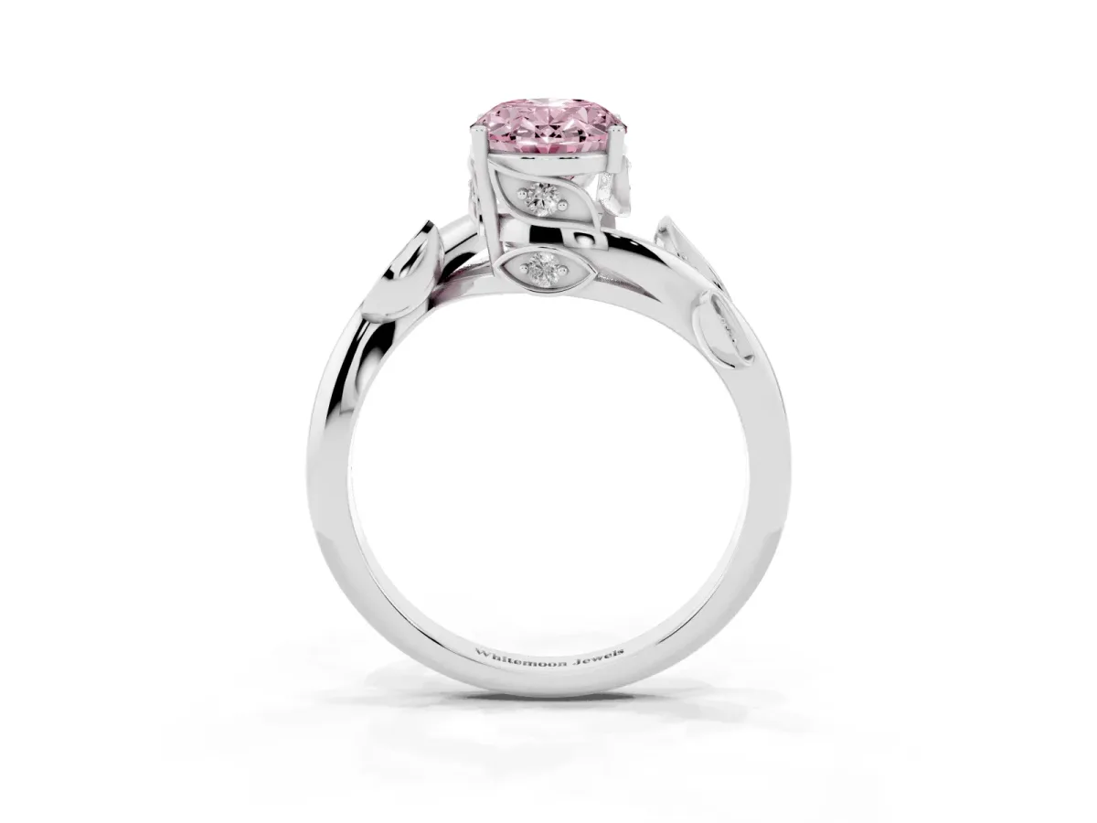Fancy Pink Oval Cut Solitaire Twist Engagement Ring with Leaf Accents and Prong Setting Silver