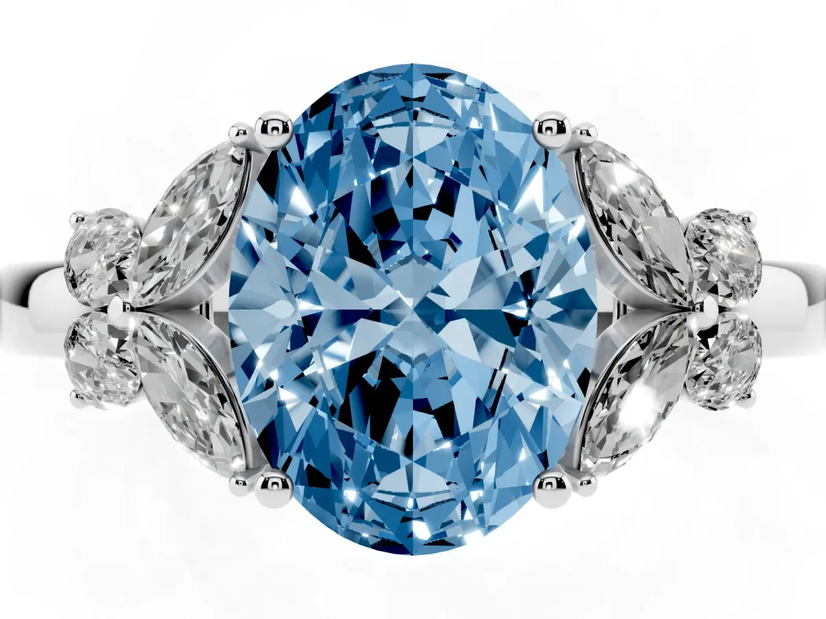 Fancy Blue Oval Cut Cut Solitaire Floral Diamond Ring with Four-Prong Setting Silver