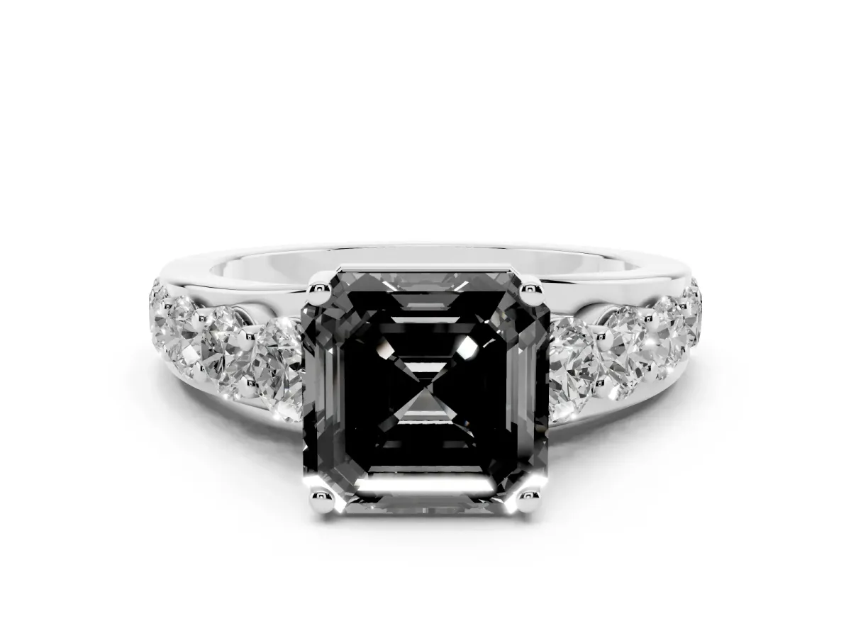 Fancy Black Asscher Cut Diamond Engagement Ring with Pavé Band and Four-Prong Setting Platinum