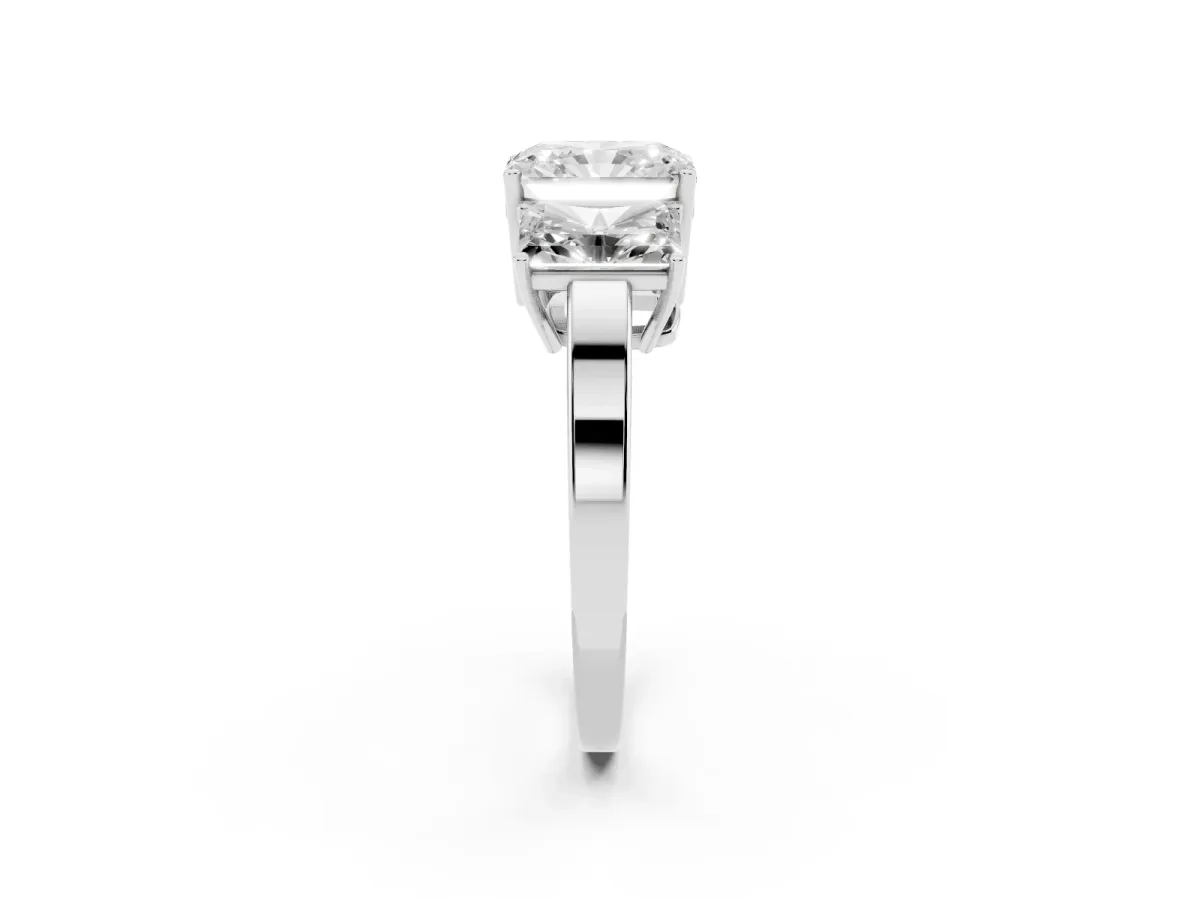 Three-Stone Radiant Cut Cut Diamond Engagement Ring with Flat Band and Four-Prong Setting Silver